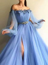 Blue Puffy Long Sleeves Beaded Applique Split Prom Dress